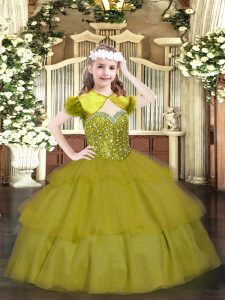 Low Price Organza Straps Sleeveless Lace Up Beading and Ruffled Layers Pageant Gowns in Olive Green