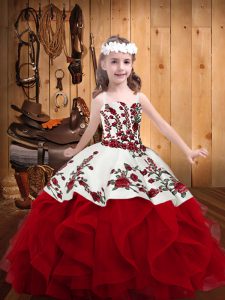 Sleeveless Floor Length Embroidery and Ruffles Lace Up Little Girls Pageant Dress with Red