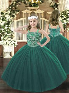 Beautiful Straps Sleeveless Lace Up Little Girl Pageant Dress Dark Green Tulle