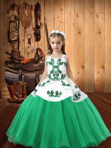 Turquoise Straps Neckline Embroidery Pageant Dress for Girls Sleeveless Lace Up