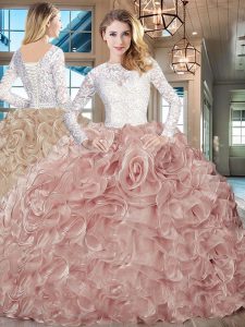 Customized Champagne Quinceanera Gowns Sweet 16 and Quinceanera with Lace and Ruffles Scoop Long Sleeves Brush Train Lac