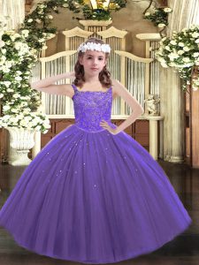 Sleeveless Floor Length Beading Lace Up Little Girls Pageant Gowns with Purple