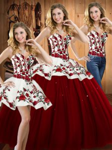 Wine Red Three Pieces Embroidery Sweet 16 Dress Lace Up Satin and Tulle Sleeveless Floor Length