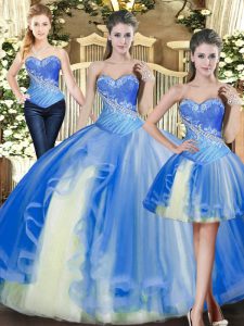 Sleeveless Floor Length Beading Lace Up Quinceanera Gown with Baby Blue