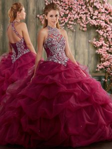 Popular Burgundy Sleeveless Beading and Pick Ups Floor Length Ball Gown Prom Dress