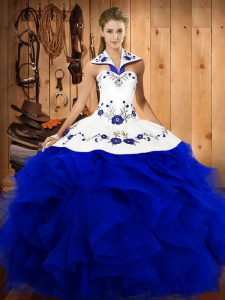 Trendy Tulle Halter Top Sleeveless Lace Up Embroidery and Ruffles Quinceanera Gowns in Royal Blue
