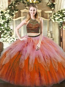 Chic Tulle Halter Top Sleeveless Lace Up Beading and Ruffles Sweet 16 Quinceanera Dress in Multi-color