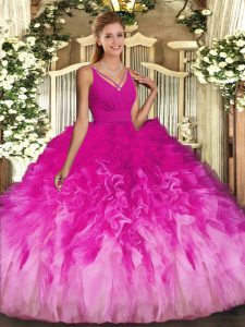 Spectacular V-neck Sleeveless Quinceanera Gown Floor Length Beading and Ruffles Multi-color Tulle