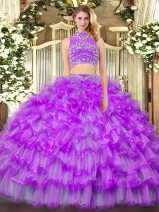 Decent Two Pieces Vestidos de Quinceanera Purple High-neck Tulle Sleeveless Floor Length Backless