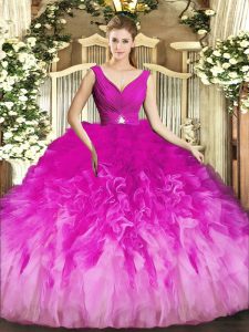 Cheap V-neck Sleeveless Tulle Quinceanera Gown Beading and Ruffles Backless
