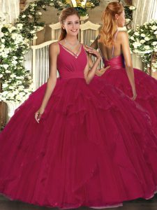 Most Popular V-neck Sleeveless Organza Quince Ball Gowns Ruffles Backless
