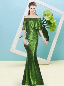 Best Green Zipper Off The Shoulder Sequins Prom Dress Sequined Half Sleeves