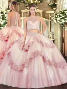 Modern Baby Pink Quinceanera Gown Military Ball and Sweet 16 and Quinceanera with Beading and Appliques Scoop Sleeveless