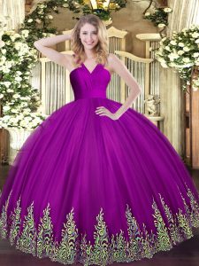 Fuchsia Sleeveless Appliques Floor Length Quinceanera Gown