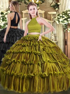 Olive Green Sleeveless Floor Length Beading and Ruffled Layers Backless 15 Quinceanera Dress