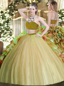 Fantastic Olive Green Tulle Backless Quinceanera Dress Sleeveless Floor Length Beading and Ruffles
