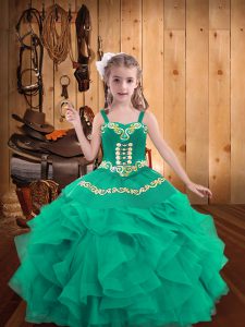 Floor Length Turquoise Little Girl Pageant Dress Organza Sleeveless Embroidery and Ruffles