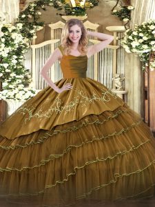 Straps Sleeveless Zipper Quinceanera Gowns Brown Satin and Organza