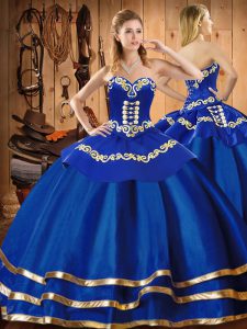 Blue Ball Gowns Organza Sweetheart Sleeveless Embroidery Floor Length Lace Up 15th Birthday Dress