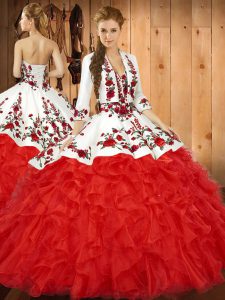 Edgy Red Ball Gowns Embroidery and Ruffles 15th Birthday Dress Lace Up Tulle Sleeveless Floor Length