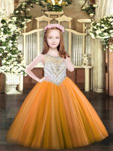 Gorgeous Orange Ball Gowns Beading Little Girls Pageant Dress Wholesale Zipper Tulle Sleeveless Floor Length