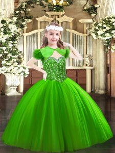 Beauteous Green Sleeveless Floor Length Beading Lace Up Little Girls Pageant Gowns