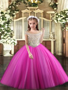 Fuchsia Ball Gowns Off The Shoulder Sleeveless Tulle Floor Length Lace Up Beading Kids Formal Wear