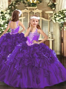 Purple Sleeveless Beading and Ruffles Floor Length Little Girl Pageant Gowns