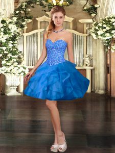 Delicate Sleeveless Mini Length Beading and Ruffles Lace Up Prom Party Dress with Blue