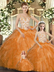 Orange Red Ball Gowns Organza Straps Sleeveless Beading and Ruffles Floor Length Lace Up Quinceanera Dresses