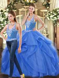 Sleeveless Tulle Floor Length Lace Up 15th Birthday Dress in Blue with Beading and Ruffles