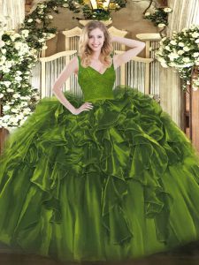 Extravagant Sleeveless Floor Length Beading and Ruffles Zipper Quinceanera Dress with Olive Green