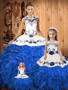 Popular Blue Tulle Lace Up Quinceanera Gowns Sleeveless Floor Length Embroidery and Ruffles