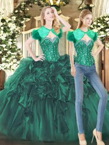 Popular Dark Green Ball Gowns Beading and Ruffles Sweet 16 Dresses Lace Up Tulle Sleeveless Floor Length