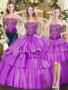 Clearance Eggplant Purple Tulle Lace Up Strapless Sleeveless Floor Length Sweet 16 Quinceanera Dress Beading and Ruffled