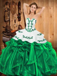 Artistic Green Quince Ball Gowns Military Ball and Sweet 16 and Quinceanera with Embroidery and Ruffles Strapless Sleeve