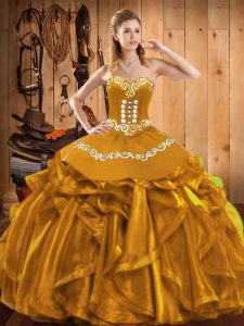 Graceful Sleeveless Floor Length Embroidery and Ruffles Lace Up Ball Gown Prom Dress with Gold