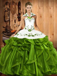Most Popular Sleeveless Floor Length Embroidery and Ruffles Lace Up Vestidos de Quinceanera with Olive Green