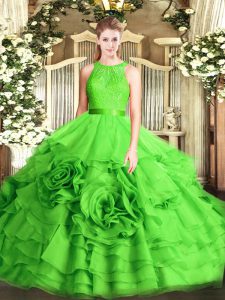 Sleeveless Fabric With Rolling Flowers Floor Length Zipper Quinceanera Dresses in with Lace
