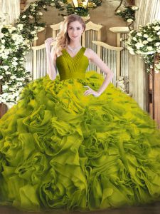 Elegant Sleeveless Floor Length Ruffles Zipper 15th Birthday Dress with Olive Green
