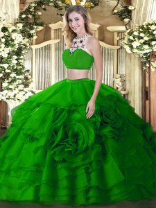 Sleeveless Floor Length Beading and Ruffled Layers Backless Ball Gown Prom Dress with Green