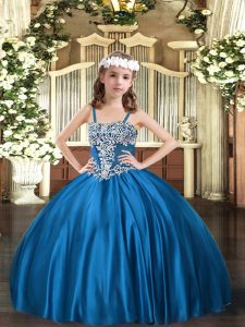 Exquisite Blue Straps Neckline Appliques Kids Pageant Dress Sleeveless Lace Up