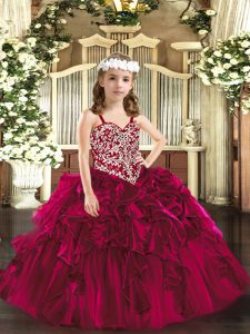 Customized Sleeveless Floor Length Beading and Ruffles Lace Up Glitz Pageant Dress with Fuchsia