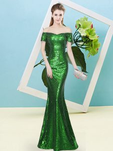 Green Short Sleeves Floor Length Sequins Zipper Homecoming Dress