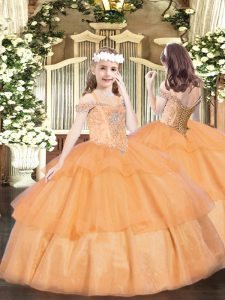 Simple Orange Organza Lace Up Pageant Dress Sleeveless Floor Length Beading and Ruffled Layers