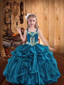 Teal Organza Lace Up Straps Sleeveless Floor Length Little Girl Pageant Dress Embroidery and Ruffles