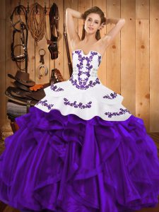 Strapless Sleeveless Satin and Organza Vestidos de Quinceanera Embroidery and Ruffles Lace Up