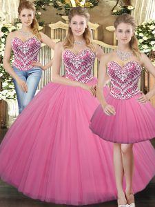Floor Length Rose Pink Sweet 16 Dresses Tulle Sleeveless Beading