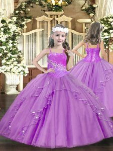 Discount Lilac Ball Gowns Straps Sleeveless Tulle Floor Length Lace Up Ruffles and Sequins Little Girl Pageant Gowns