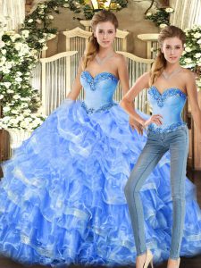 Sleeveless Organza Floor Length Lace Up 15 Quinceanera Dress in Baby Blue and Light Blue with Beading and Ruffles